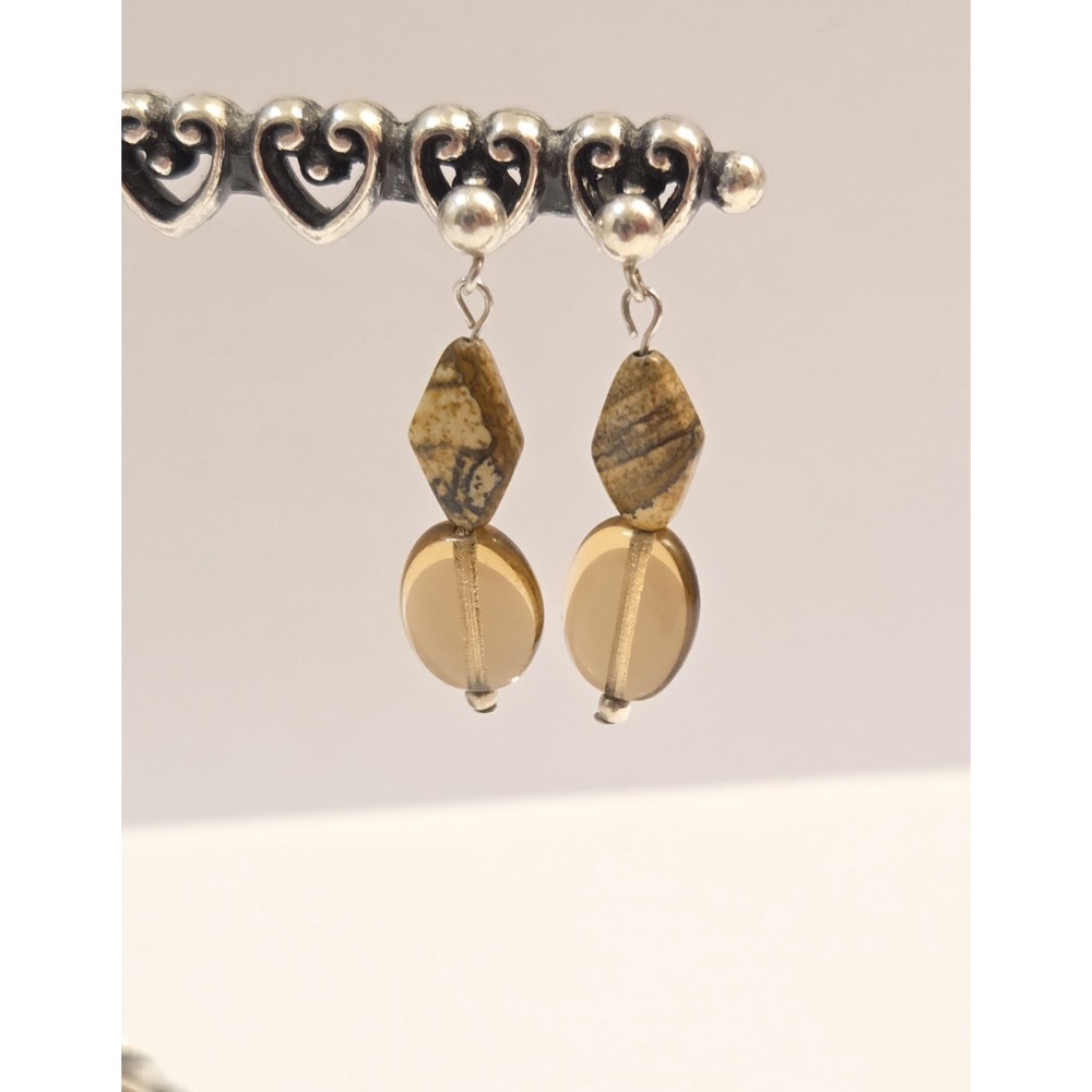 Vintage Sterling Silver, Mexican Amber, & Polished‎ Agate Dangle Earrings 925